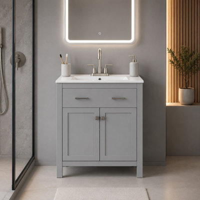 Meuble-lavabo autoportant de 76 cm de largeur avec tiroir rabattable, rangement sous la porte, tablette en U et comptoir en céramique