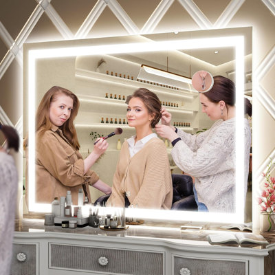 Grand miroir de coiffeuse avec lumières avec 3 modes de couleur, luminosité réglable et verre incassable pour une utilisation murale ou sur une table