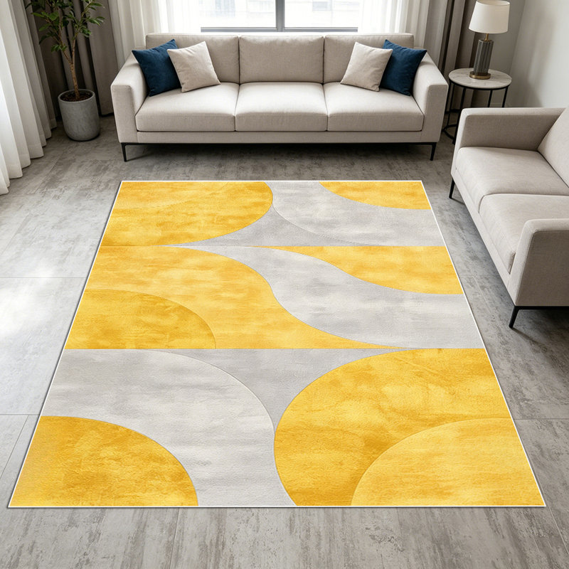 1PC Yellow & Gray Curved Geometric Abstract area rugs for Living Room, Soft and Comfortable, Suitable for all seasons, easy-to-maintain, machine washable Indoor floor mat, Under Table Farmhouse suitable for dining room, bedroom, entryway, kitchen,