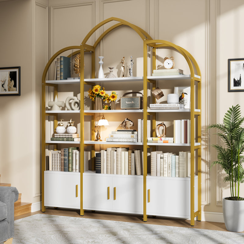 Triple Wide 5 Tier Tall Arched Bookshelf And Bookcase With 3 Cabinets, Industrial Metal Etagere Open Bookshelf, Rustic Wood Standing Book Shelf With Black Metal Frame For Bedroom Living Room, Gold