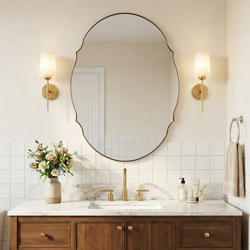 Miroir de salle de bain ovale contemporain Cadre en acier inoxydable, 40 po x 30 po, Or brossé