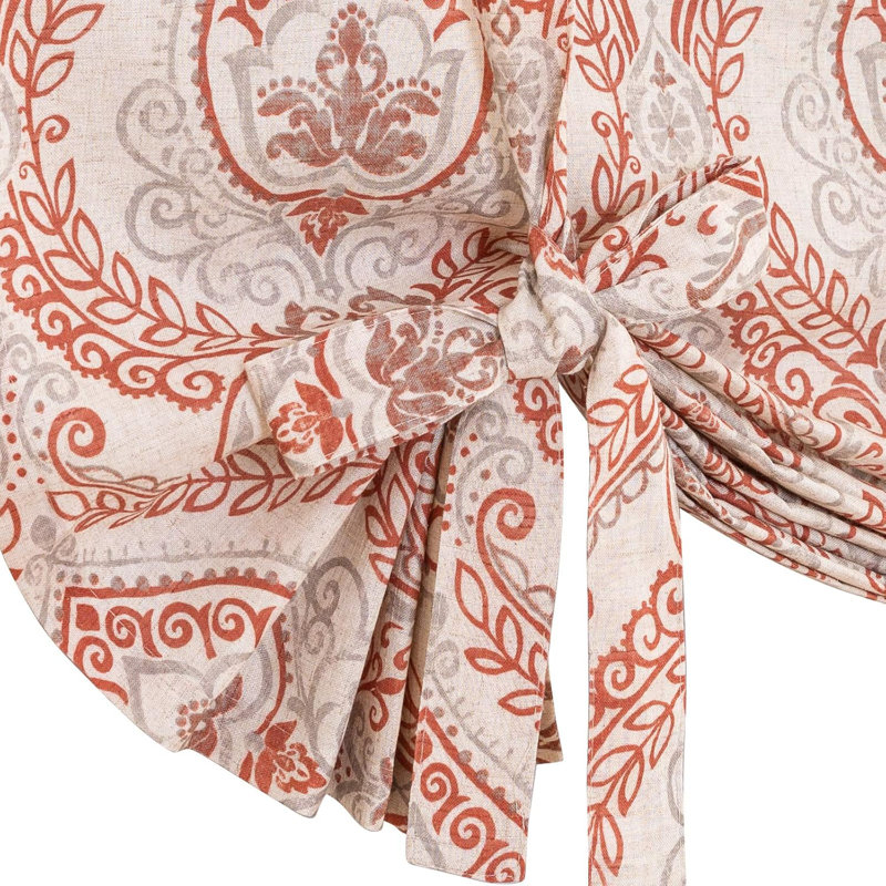 Faux Linen Farmhouse Tie up Valance, Red on Beige, 42" W x 54" L