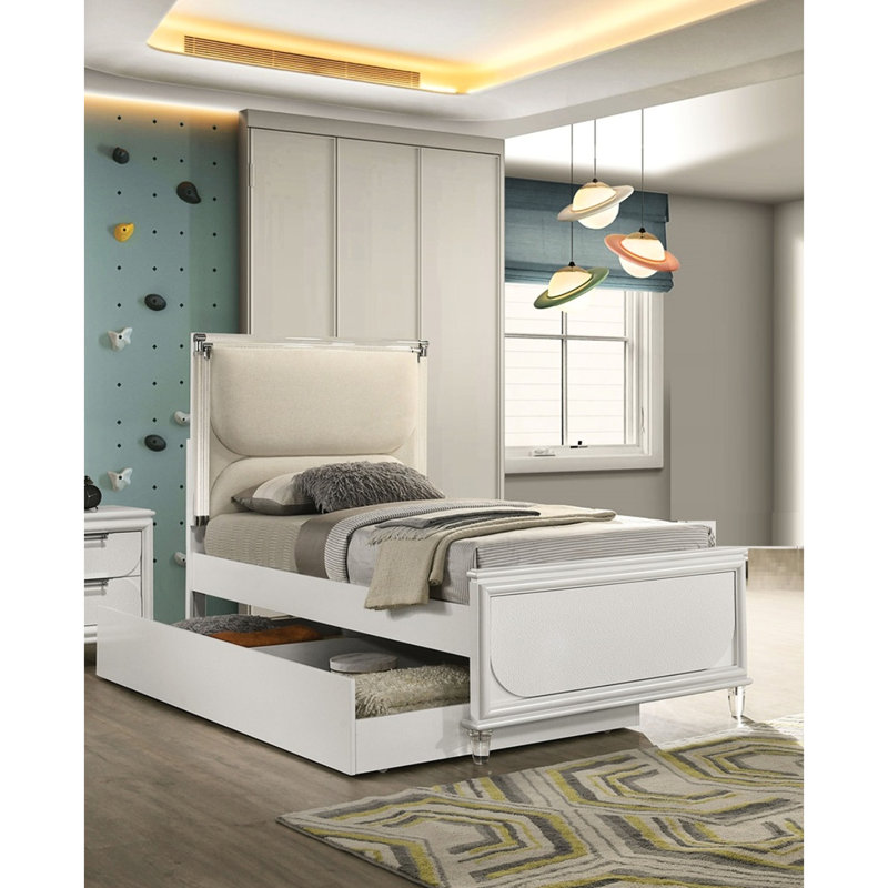 Cadre de lit contemporain blanc perle, taille double, tissu et bois avec panneau DEL tube acrylique taille tactile seulement, cadre sur la tête de lit, ajout de chambre à coucher