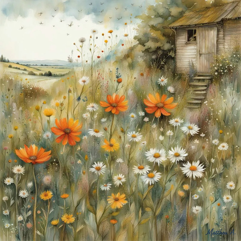 Rustic Wildflower Cottage - prairie, art mural sur toile, H 20 po x l 20 po