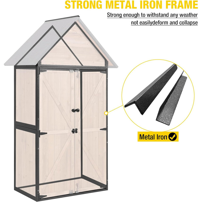 Brown Wooden Outdoor Storage Shed with Metal Frame and Shelving