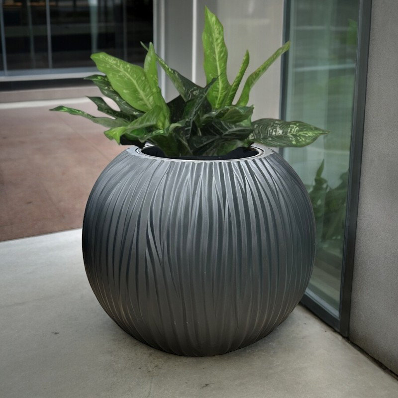 Black Round, Textured, Fiberstone Planter, Black