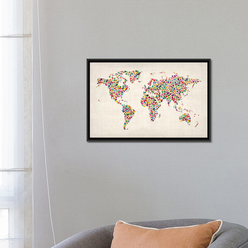 « stars world map », impression sur toile beige, H 18 po x l 26 po x P 1,5 po, Toile avec cadre noir, Pas de tapis