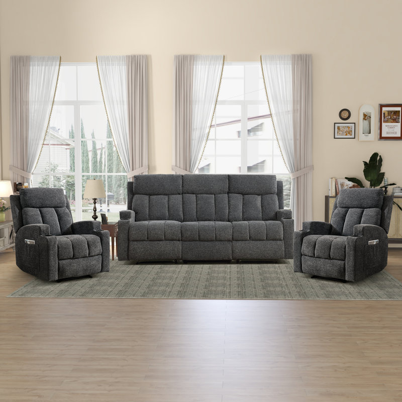 Skillern 3-Piece Microsuede Reclining Sofa Set, Dark Gray