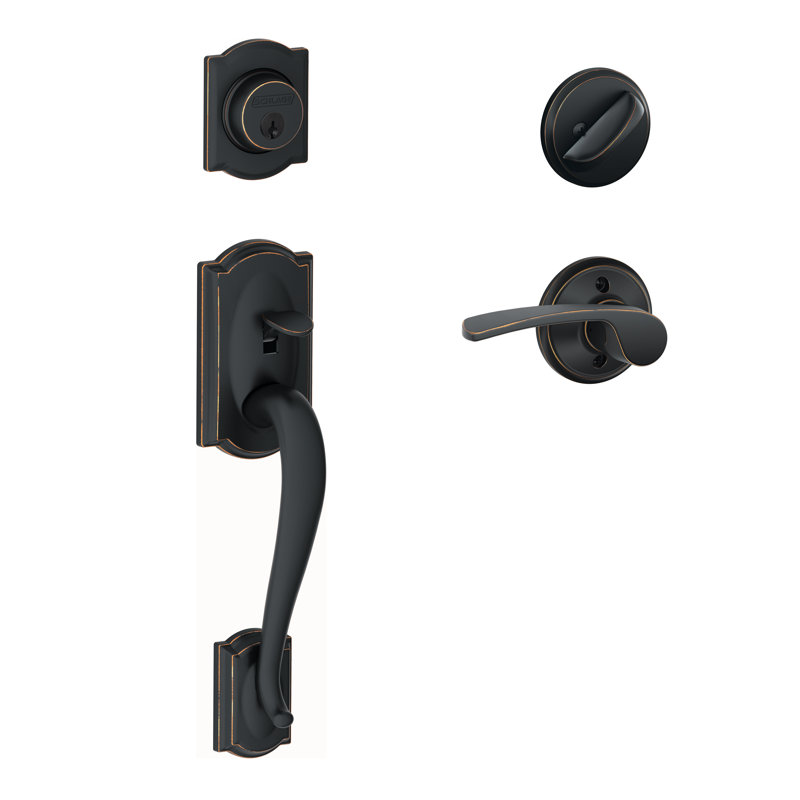 Camelot Handleset with Deadbolt and Merano Door Lever and Rosette, Right Hand, Aged Bronze