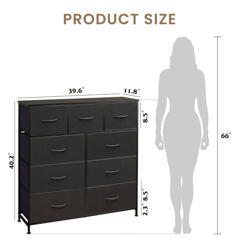 Commode 9 tiroirs avec plateau en bois Reinardo, Noir