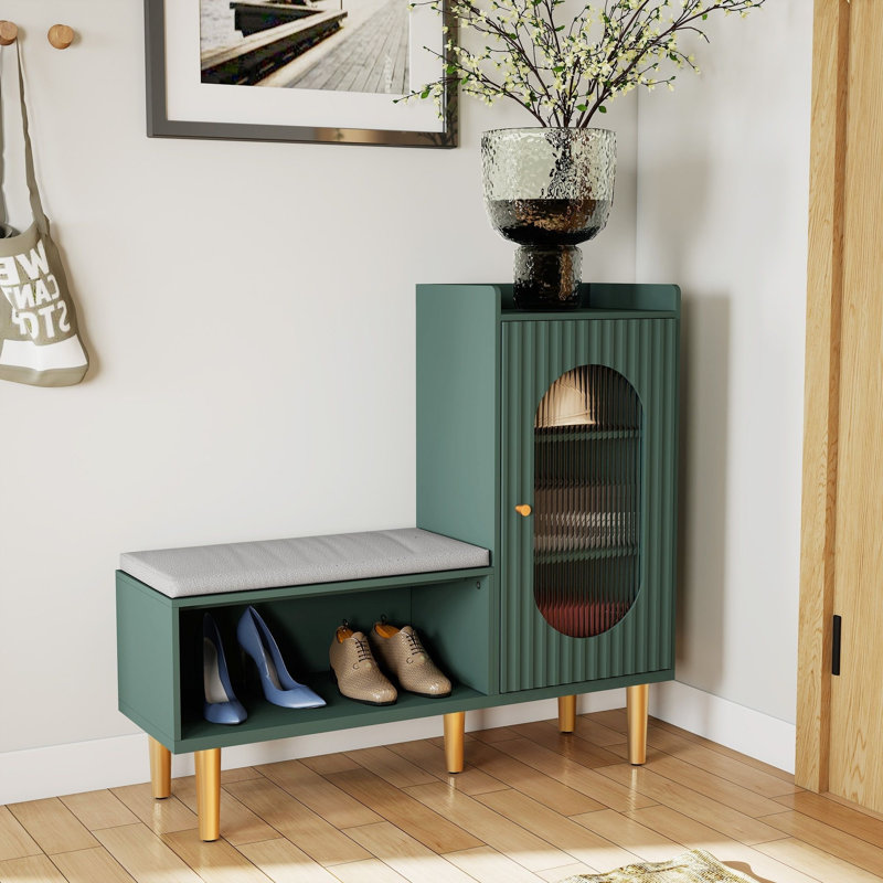 48" L-shaped Shoe Storage Bench – Padded Seat, Glass Door & Shelf, Modern Organizer For Entryway/hallway/bedroom, Green