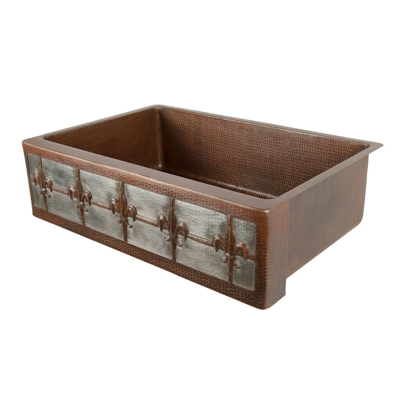 33" Hammered Copper Apron Front Single Basin Kitchen Sink w/ Fleur De Lis Design and Nickel Background