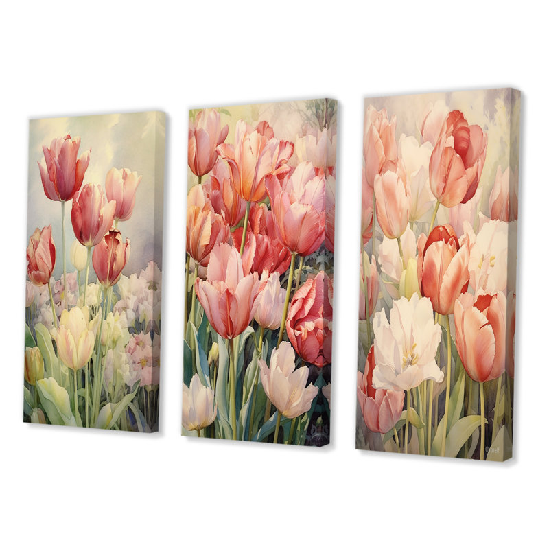 «Retro Blooming Retro Tulips Flowerfield», 3 pièces sur toile, Toile tendue, H 20 po x l 36 po