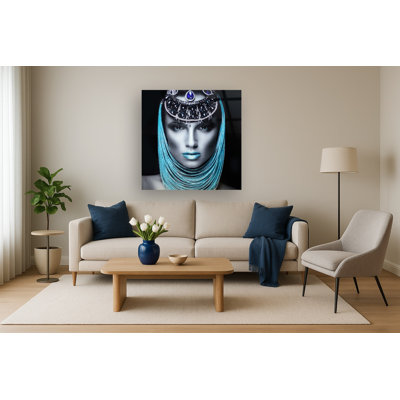Art mural en verre trempé sans cadre «Woman of Turquoise» - 50 po x 50 po - Strass