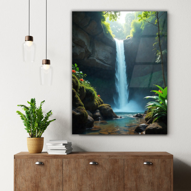 Art mural en verre trempé forêt cascade, 20" H x 16" W