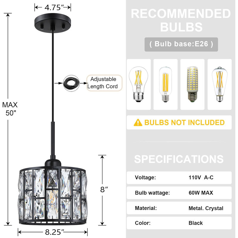 Luminaire suspendu moderne en cristal avec cordon réglable, certifié UL, idéal pour îlot de cuisine, salle à manger, salon, couloir