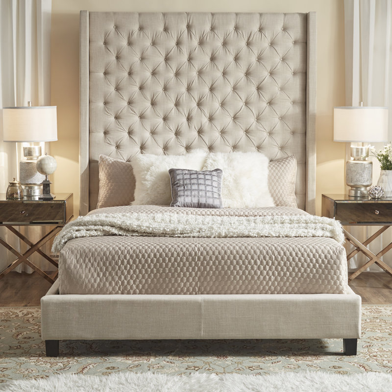 Lit tapissier standard Kaster, Lin beige chiné, Grand