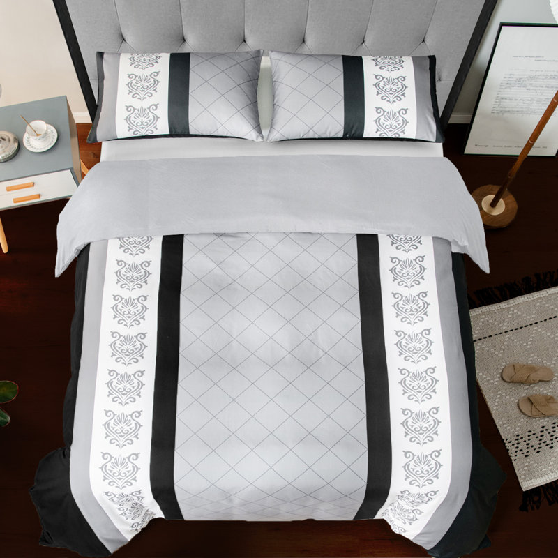 Microfiber Geometric Duvet Cover Set, Double (200cm x 200cm), Black & Grey