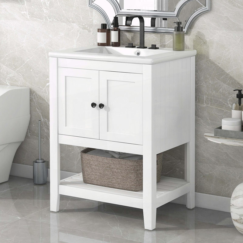 24" Solid Wood Bathroom Vanity with Sink, Cabinet and Open Shelf, Morandi Design, White