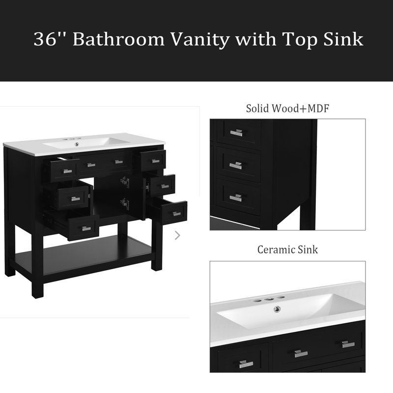 Meuble-lavabo 36 po avec lavabo supérieur, armoire de rangement moderne avec 2 portes à fermeture douce et 6 tiroirs, meuble-lavabo simple