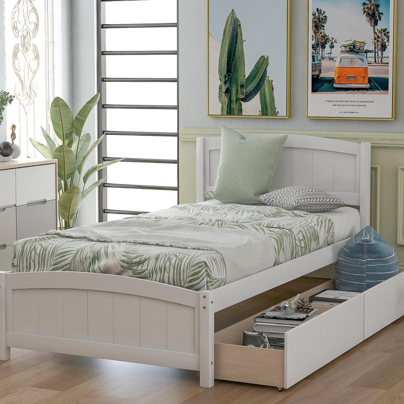 Lit plateforme simple avec deux tiroirs, blanc, Blanc