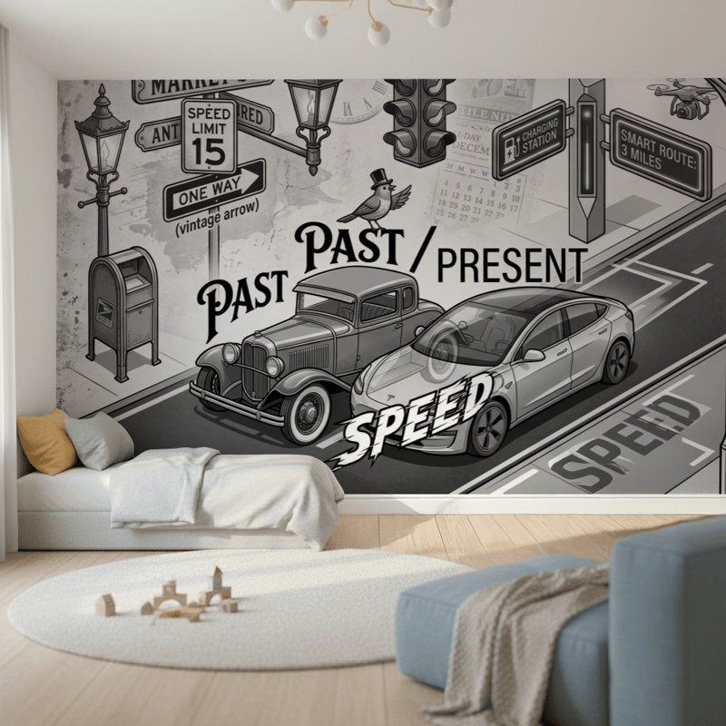 Décoration murale voiture moderne moderne Past and Présent, 160 po x 108 po, Non tissé