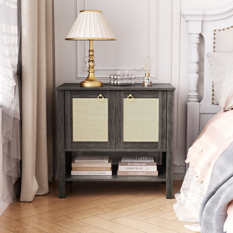 Rattan 2-Door End Table, Grey