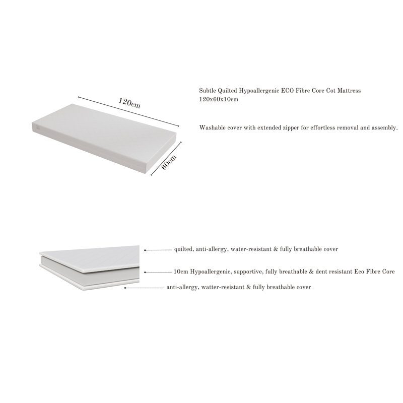 Willow Mini Cot Bed with Mattress 120x60x10cm, Grey