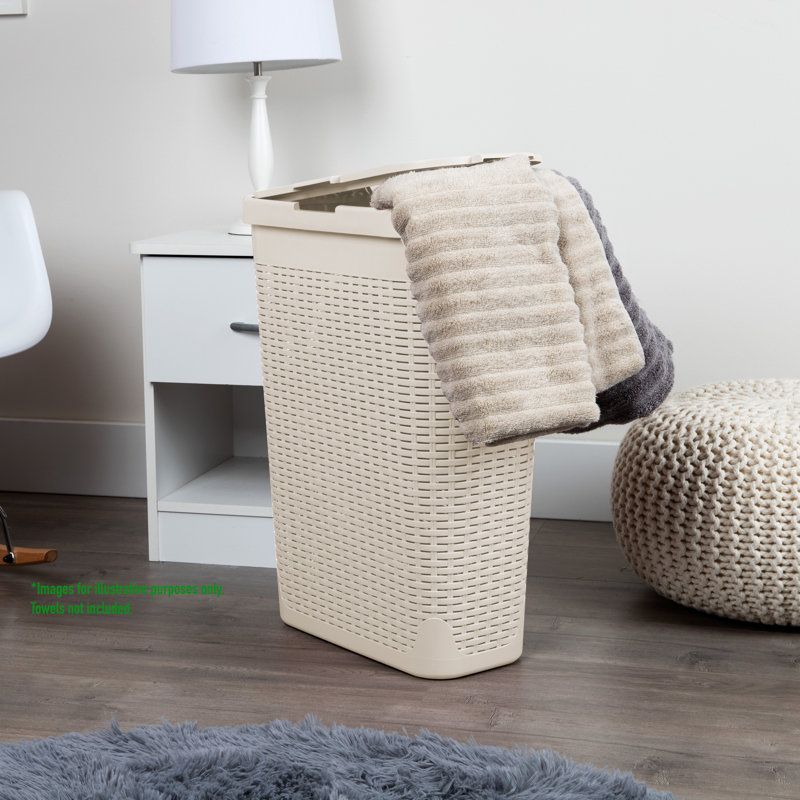 Ivory Plastic Wicker Collapsible Laundry Hamper with Wheels and Lid