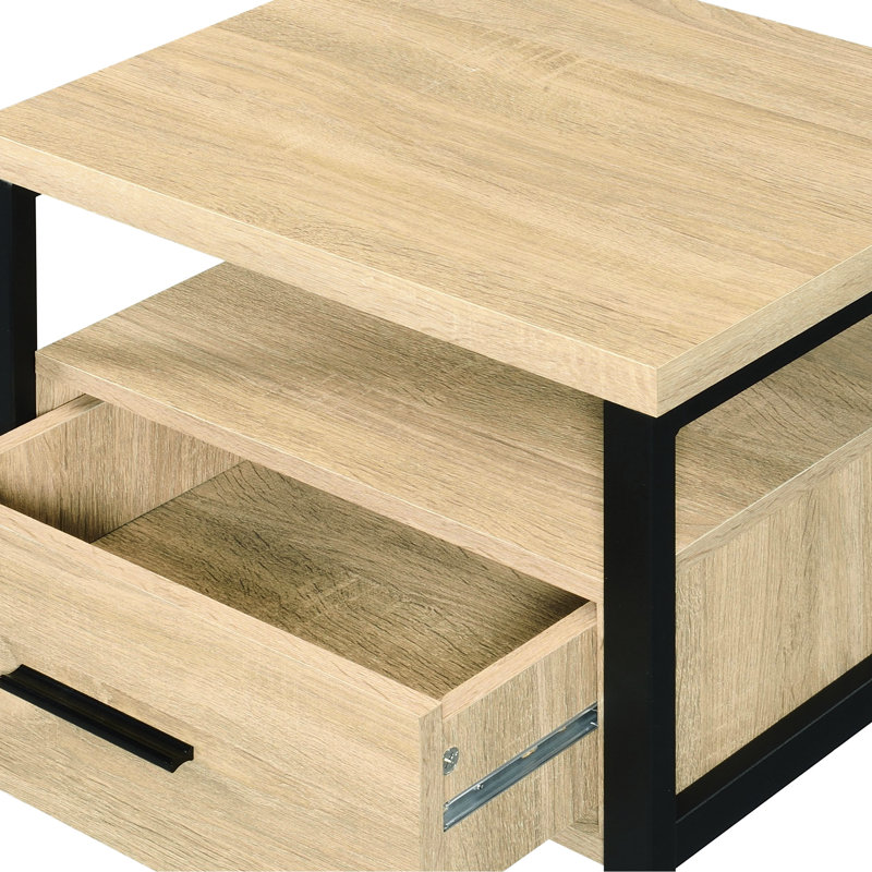 Table d'appoint chêne et noir, pieds en métal, avec tiroir de rangement et tablette ouverte