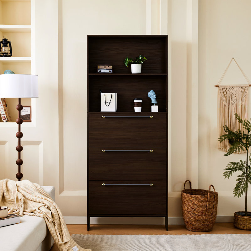 3 Flip Drawers Shoe Cabinet For Hallway. Solid , Walnut Hue. Metal Handles, Spacious Storage With And Open Shelves. Living Room Storage. Color, Modern Look
