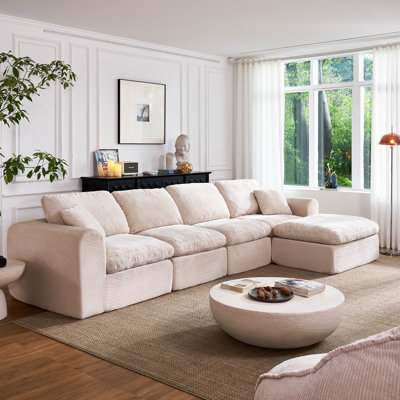 138" Boneless Couch for Living Room, Compression Cloud Couch with L-Shape Ottoman, Deep Seat Corduroy Modular Sectional Sofa, No Assembly Required (Beige, 4 Seater + Ottoman)