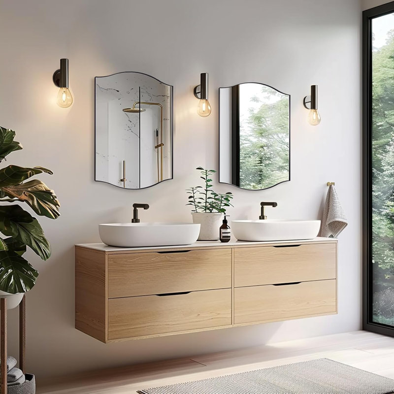 Dual Arch Scalloped Rectangular Bathroom Wall Mirror | Stainless Steel Frame, Matte Black, 30" x 22"