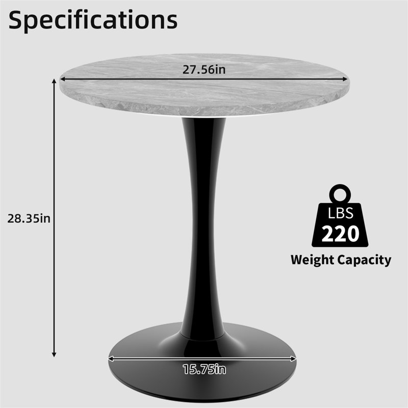 Table d'appoint ronde à plateau en marbre avec base piédestal conique (table seulement), Noir, Gris