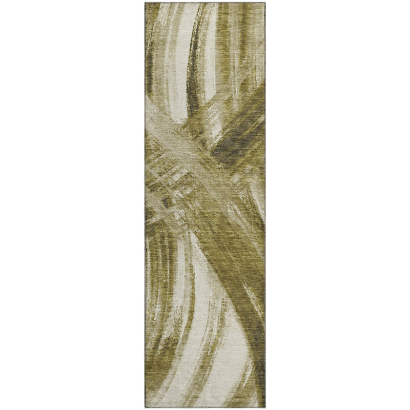 Premium Machine Washable Mayfield AMF2421 Abstract Rug, 2'3" x 7'6" Runner, Khaki