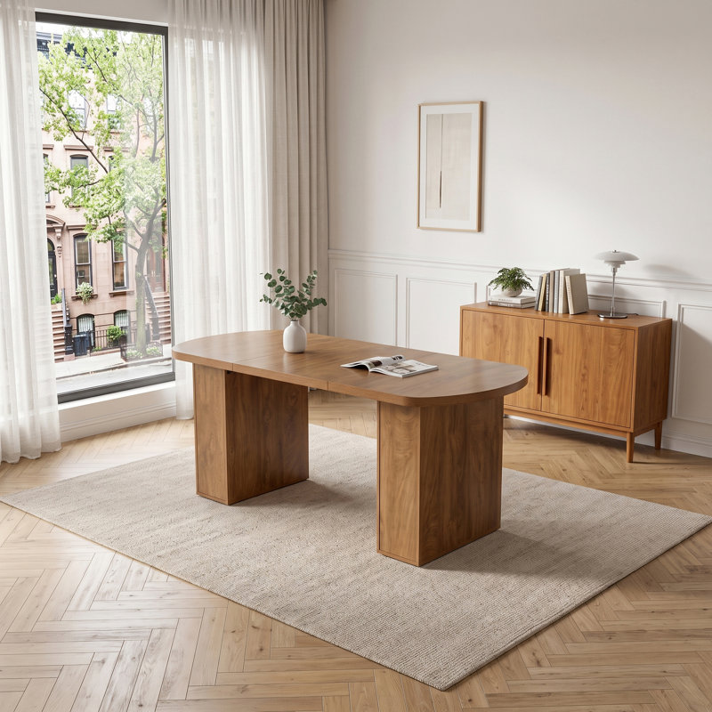 Table de salle à manger moderne noyer brun avec base à double panneau fermé et extrémités arrondies