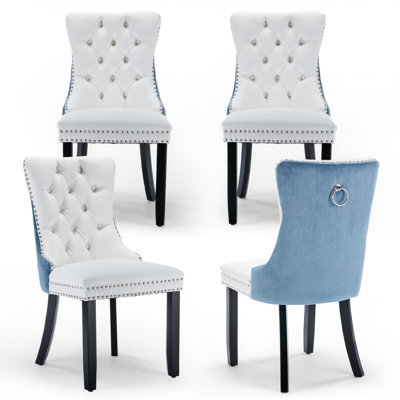 Ensemble de 4 chaises de salle à manger rembourrées en cuir et tissu blanc / bleu