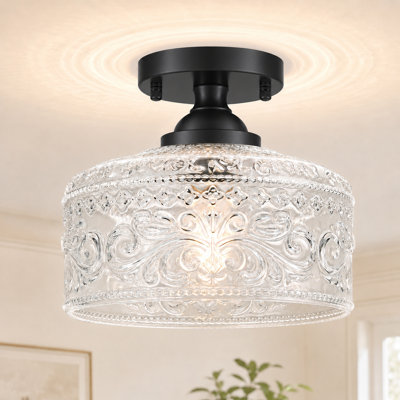 Vintage Small Semi-flush Mount Ceiling Light - Matte Black Finish With Clear Etched Glass Shade For Entryway, Hallway, Kitchen, And Living Room