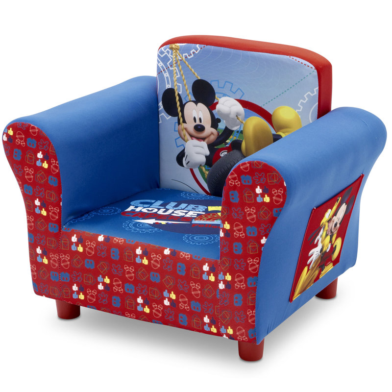 Mickey Mouse Blue and Red Velvet Kids Chair with Wood Frame