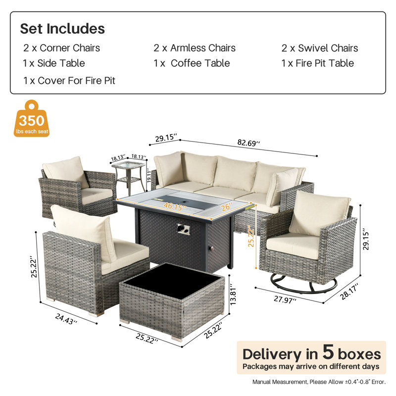 Wicker 6 - Person Outdoor Seating Group With Cushions With Fire Pit Table And Swivel Rocking Chairs, Beige