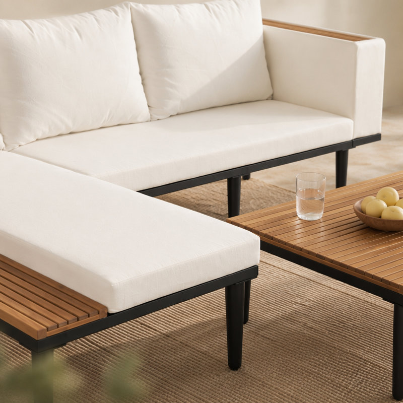 Ensemble de meubles de patio de luxe avec coussins amovibles et table basse, canapé en bois d'acacia en forme de L avec table d'appoint, canapé modulaire d'extérieur pour la cour, véranda, beige