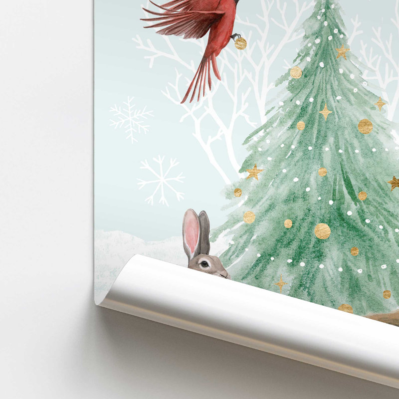Faune hivernale avec arbre de Noël I, H 11 po x l 14 po x P 0,1 po, Papier