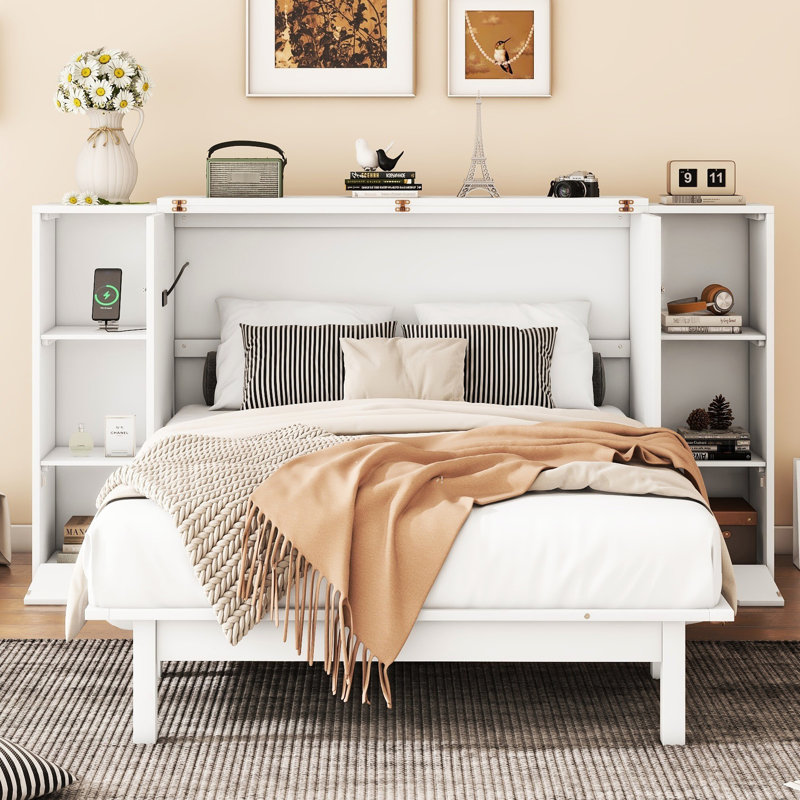 Lit peu encombrant avec ports et tiroirs - de couleur blanche, idéal pour les chambres doubles ou les étagères pleine grandeur, les petits appartements et la salle de sport