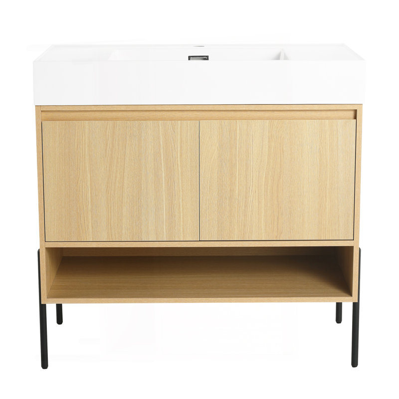 Ensemble de meuble-lavabo 36 po avec lavabo simple en résine, ensemble d'armoires de rangement modernes 2 portes, bois massif multicouche, chêne