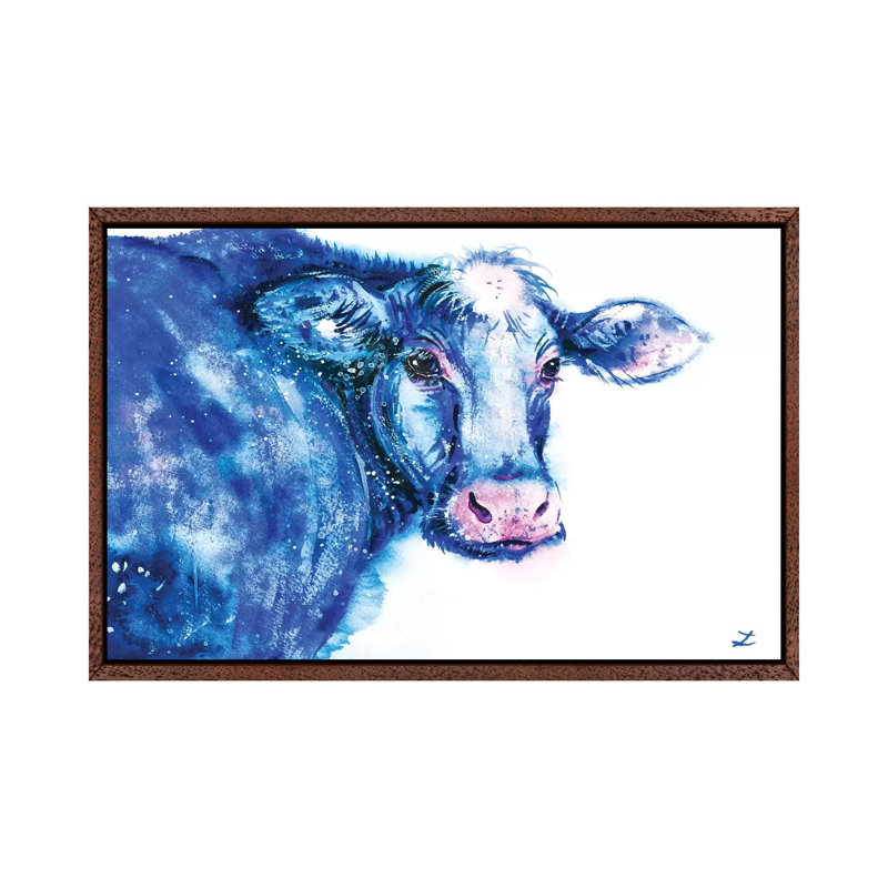 Blue Cow by Zaira Dzhaubaeva - Print on Canvas, Classic Brown Wood Framed, 66.04 cm H x 45.72 cm W