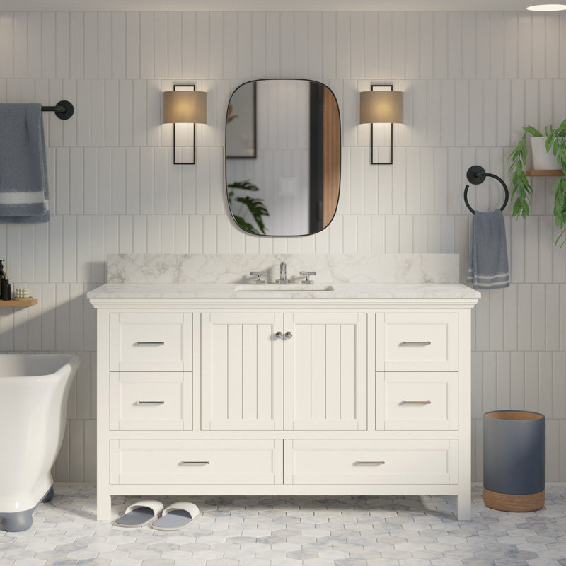 Ensemble de meuble-lavabo simple 60 po avec meuble blanc et comptoir en marbre de Carrare Maven, Blanc