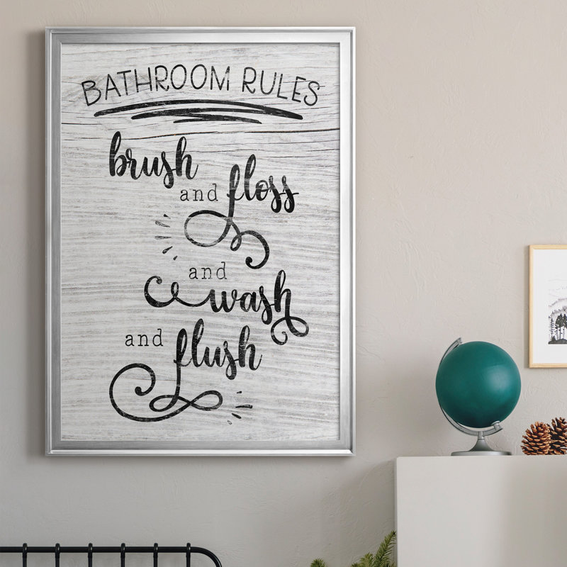 "Bathroom Rules" - Art textuel sur toile, H 26,5 po x l 36,5 po x P 1,5 po, Argent