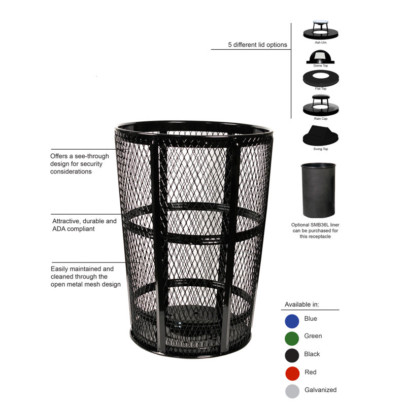 Poubelle en métal avec réceptacle de panier étendu 48 gallons, Noir