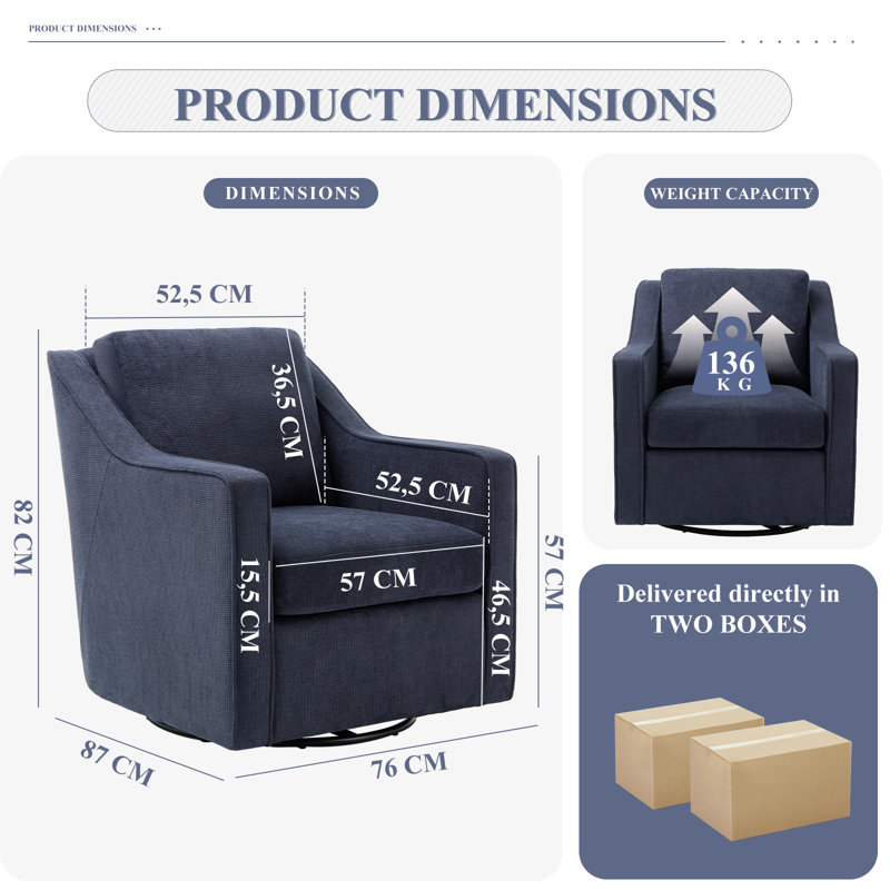 Modern Swivel Armchair W/ Removable Cushions, 360° Rotation & Thick Padding for Living Room, Blue