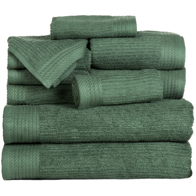 Airyonna 10-Pc Bath Towel Set - Luxurious 100% Cotton Ribbed Pile Absorbent Bathroom Set Towels, Green